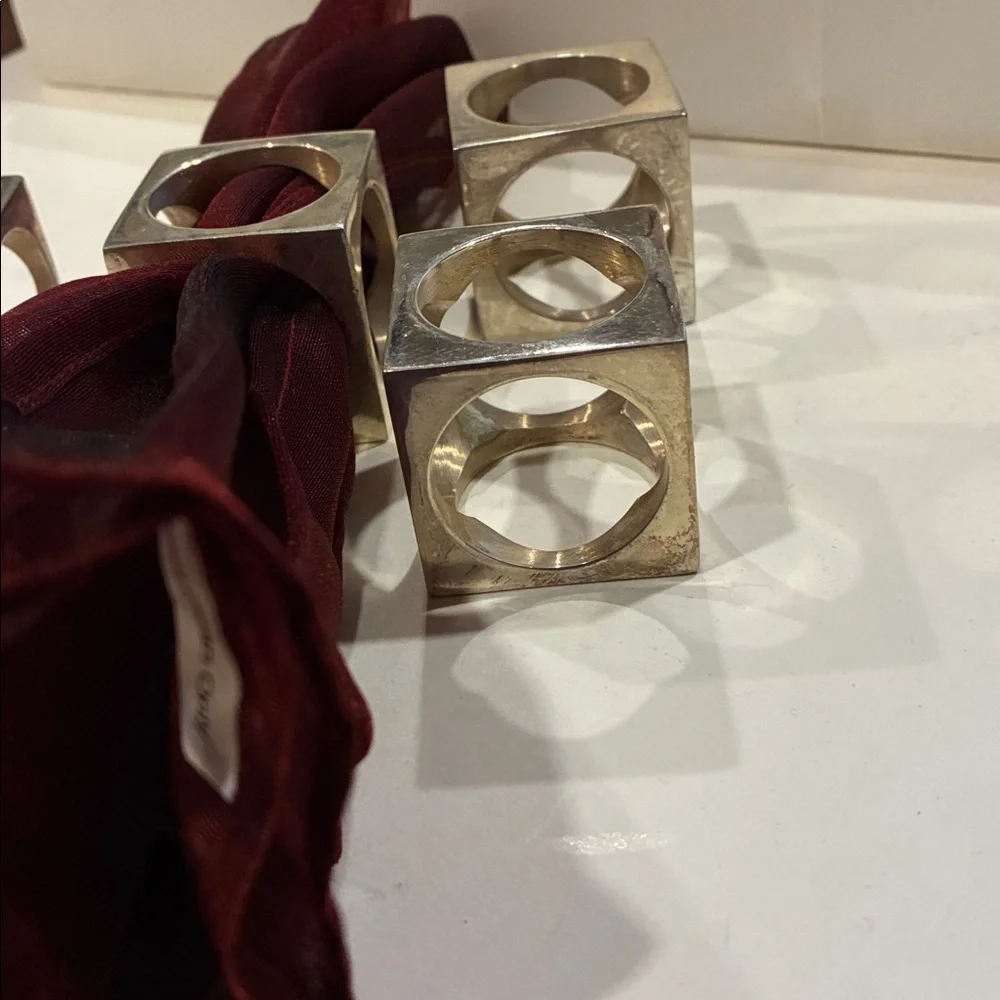 SET/4 chunky, silver, cube-shaped napkins holders or napkin rings weighted
